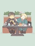  2boys blonde_hair blue_jacket blush brown_hair cake choji_(housamo) coffee_cup collared_shirt commentary_request cup disposable_cup food full_body green_background hand_on_another&#039;s_cheek hand_on_another&#039;s_face jacket male_focus master_5_(housamo) multiple_boys necktie parfait plump red_necktie rorondo school_uniform shirt shoes short_hair striped_necktie thick_eyebrows tokyo_afterschool_summoners white_shirt 