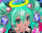  1girl :3 absurdres blue_eyes blue_hair blush commentary drill_hair fang halo hatsune_miku head_rest heart highres jewelry long_hair long_sleeves looking_at_viewer magical_girl momae_makku open_mouth ring solo twin_drills twintails very_long_hair vocaloid wand 