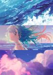  1girl absurdres aqua_hair asari_nanami bangs blue_eyes blue_hair blue_sky clouds commentary_request crescent_moon evening gradient_hair hair_ornament hairclip highres idolmaster idolmaster_cinderella_girls long_hair looking_at_viewer moon multicolored_hair ocean outdoors parted_lips pink_clouds pink_hair portrait signature sky solo water waves yagita_(astronomie) 