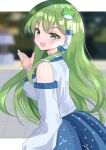  1girl :d blue_skirt blurry blurry_background cowboy_shot detached_sleeves frog_hair_ornament from_side green_eyes green_hair hair_ornament hair_tubes highres kochiya_sanae long_hair looking_at_viewer open_mouth outside_border reo_ground shirt skirt smile snake_hair_ornament solo standing touhou white_shirt wide_sleeves 