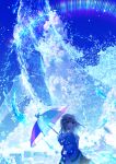  1girl absurdres blue_eyes blue_sky brown_hair city clouds cloudy_sky flying_whale highres hood hooded_jacket jacket long_hair looking_back makoron117117 open_mouth original rain scenery sky solo summer teeth thank_you tongue umbrella upper_body water water_drop whale 