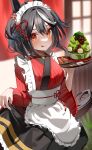  1girl :q absurdres animal_ears apron black_hair blurry blurry_background blush commentary_request food hair_ornament highres holding horse_ears horse_girl horse_tail japanese_clothes kimono kitasan_black_(umamusume) looking_at_viewer maid_headdress multicolored_hair ningen_mame red_eyes red_kimono shaved_ice short_hair solo streaked_hair striped striped_kimono tail tongue tongue_out umamusume vertical-striped_kimono vertical_stripes wa_maid white_apron white_hair 