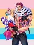  1boy 1girl abs arm_tattoo bag bare_arms bare_pectorals bare_shoulders belt black_gloves black_pants black_vest blue_hair candy carrying chain charlotte_katakuri chest_tattoo child cuffs curled_horns doughnut earrings ellie_mehl eyebrow_piercing fang fingerless_gloves fingernails food food_in_mouth food_on_face geta gloves green_hair hair_ornament hair_stick hakama height_difference high_ponytail highres holding holding_food horns ice_cream ice_cream_cone japanese_clothes jewelry lollipop long_hair long_sleeves looking_at_another mouth_hold multicolored_hair multicolored_horns muscular muscular_male nipples one_piece oni open_clothes open_mouth open_vest orange_horns pants paper_bag pectorals piercing red_eyes red_horns redhead rope scar scar_on_cheek scar_on_face scarf shackles sharp_teeth shimenawa short_hair shoulder_tattoo smile stomach_tattoo tan tattoo teeth teeth_hold toes vest white_hair wide_sleeves yamato_(one_piece) younger 
