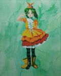  1girl @flowerbud92 boots dress frilled_dress frills googly_eyes green_eyes green_hair highres looking_at_viewer monogatari_(series) multicolored_clothes ononoki_yotsugi open_mouth pantyhose puffy_sleeves single_boot striped striped_legwear thick_eyebrows thigh-highs v 