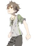  1boy bangs brown_hair collarbone commentary_request green_eyes green_shirt highres kemurikusa male_focus open_mouth pants raised_eyebrows shirt short_hair sketch solo tanakalma undershirt wakaba_(kemurikusa) 