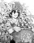  1boy :d apple apple_tree basket closed_eyes collared_shirt constantine_xi_(fate) earrings facing_viewer fate/grand_order fate_(series) food fruit fruit_basket fruit_tree greyscale hair_between_eyes happy harvest hat highres holding holding_basket jewelry male_focus monochrome open_collar shirt shooou_0104 short_hair sleeves_rolled_up smile solo straw_hat sunlight sweat teeth tree upper_body upper_teeth vest water wristband 
