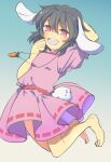  1girl :d animal_ears bangs barefoot black_hair blue_background blush breasts carrot_necklace commentary_request dress floppy_ears full_body gradient gradient_background hair_between_eyes highres inaba_tewi jumping looking_at_viewer nayozane_(worker7) open_mouth pink_dress pink_eyes puffy_short_sleeves puffy_sleeves rabbit_ears rabbit_girl rabbit_tail ribbon-trimmed_dress round_teeth short_hair short_sleeves small_breasts smile solo tail teeth touhou 