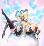  boots detached_sleeves full_body hatsune_miku highres kagamine_rin looking_at_viewer pan_da425 skirt thigh-highs thigh_boots twintails 