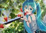  adapted_costume aqua_eyes aqua_hair bare_shoulders black_skirt commentary eating flower food from_behind fruit garden grey_shirt hair_flower hair_ornament hatsune_miku holding holding_food holding_fruit light_blush looking_back open_mouth outdoors plant shirt skirt spaghetti_strap strawberry supo01 twintails upper_body vocaloid watch white_flower 