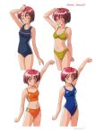  1girl arm_up bangs bikini blue_eyes blue_swimsuit blush casual_one-piece_swimsuit closed_eyes clothes_writing copyright_name cropped_legs hand_on_own_head highres hinomoto_hikari kokura_masashi looking_at_viewer mole mole_under_eye multiple_views navel non-web_source official_art one-piece_swimsuit open_mouth orange_bikini page_number redhead short_hair simple_background smile striped striped_bikini swimsuit tokimeki_memorial tokimeki_memorial_2 variations white_background 