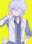  1boy absurdres animal_ears bandages bandaid blue_eyes choker eyepatch highres looking_at_viewer male_focus nail_polish necktie one_eye_covered original short_hair solo tail vest white_hair wolf_boy wolf_ears wolf_tail yellow_background yuxi 