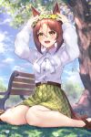  1girl animal_ears arms_up bangs bare_legs belt bench blush breasts brown_hair buttons clouds collared_shirt day feet_out_of_frame fine_motion_(umamusume) flower_wreath grass green_eyes green_skirt hair_between_eyes head_wreath highres horse_ears horse_girl horse_tail long_sleeves multicolored_hair open_mouth outdoors pleated_skirt shirt sitting skirt small_breasts smile solo tail trapiorra tree two-tone_hair umamusume wariza white_shirt 