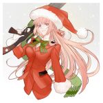  1girl ammunition arlizi border bow bowtie braid collared_shirt fate/grand_order fate_(series) florence_nightingale_(fate) florence_nightingale_(santa)_(fate) french_braid fur-trimmed_headwear fur-trimmed_jacket fur_trim gloves green_bow green_bowtie gun hat highres holding holding_gun holding_weapon jacket light_machine_gun long_hair long_sleeves looking_at_viewer pink_hair pom_pom red_bow red_bowtie red_eyes santa_costume santa_hat shirt simple_background solo suit_jacket trigger_discipline upper_body very_long_hair weapon white_gloves white_shirt 