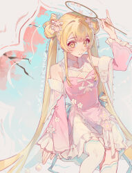  1girl absurdres blonde_hair blue_butterfly bow bug butterfly butterfly_hair_ornament chinese_clothes closed_mouth cowboy_shot detached_sleeves dress eyelashes fingernails flower frills hair_between_eyes hair_bun hair_flower hair_intakes hair_ornament hand_fan highres holding holding_fan long_hair looking_at_viewer original pink_dress sidelocks sitting smile solo thigh-highs twintails very_long_hair white_bow white_thighhighs yellow_eyes yihuo_tou_mei_tou 