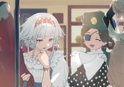  2girls aima_(reverse:1999) blurry blurry_background braid braided_hair_rings brown_hair closed_eyes eraine-chan eyepatch green_hat grey_hair hair_rings hairband hand_up hat highres holding holding_unworn_clothes looking_down multiple_girls open_mouth peaked_cap quad_braids red_eyes red_hairband reverse:1999 rubuska shirt side-by-side smile twitter_username upper_body white_shirt 