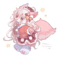  ahoge animal_ear_fluff animal_ears blush bow commentary_request commission fluffy_tail furry furry_female gomafuto hat long_hair looking_at_viewer open_mouth original pawpads pink_fur pixiv_commission plaid_clothes plaid_skirt red_bow red_eyes red_skirt skirt smile sparkling_eyes star_(symbol) two-tone_fur very_long_hair white_background white_fur white_hair wolf wolf_ears wolf_girl 