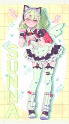  1girl absurdres animal_ear_hairband animal_ears bell black_dress black_garter_straps blush cat_ear_hairband cat_ears character_name commentary dress earrings fake_animal_ears frilled_dress frilled_sleeves frills garter_straps ghost_hair_ornament green_eyes green_hair green_nails hair_ornament hairband heart heart_earrings heart_hair_ornament highres jewelry leaning_to_the_side looking_at_viewer m0_0m_c maid maid_headdress multiple_hair_clips neck_bell official_alternate_costume open_mouth paw_pose ponytail red_bag solo star_(symbol) sunna_(afternoon_tea_break)_(zenless_zone_zero) sunna_(zenless_zone_zero) white_background white_wings winged_bag wings yellow_background zenless_zone_zero 