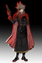  1boy alternate_costume alternate_hair_length alternate_hairstyle animification antenna_hair arm_behind_back belt black_boots black_coat boots brown_hair burn_scar buttons cape chinese_commentary coat commentary_request corrupted_twitter_file cyborg double-breasted drop_shadow eddsworld eyepatch full_body gradient_background grey_eyes grin gun hair_ears highres holding holding_gun holding_weapon kuangzihaixing long_coat long_hair long_sleeves male_focus mechanical_arms military_coat military_uniform prosthesis prosthetic_arm red_army_logo_(eddsworld) red_belt red_cape red_leader_(eddsworld) scar simple_background single_mechanical_arm smile solo standing swept_bangs tord_(eddsworld) weapon 