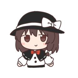  1girl black_capelet black_hat black_skirt blush_stickers bow brown_eyes brown_hair capelet chibi closed_mouth hair_bow hat hat_bow kokoda402989934 long_sleeves ribbon-trimmed_capelet ribbon_trim shirt simple_background skirt smile solo touhou usami_renko white_background white_bow white_shirt 