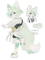  1girl :3 ;d animal_ear_fluff animal_ear_piercing animal_hands black_necktie black_shorts blue_eyes blush bow cat cat_girl commentary commission copyright_request fish_bag flower from_behind furry furry_and_animal furry_female gomafuto green_cat green_fur green_hair highres jacket leg_up looking_at_viewer low_ponytail multiple_views necktie one_eye_closed paw_shoes ponytail shoes short_ponytail shorts skeb_commission smile sneakers standing suspenders tail tail_bow tail_flower tail_ornament tie_clip white_jacket white_shoes 