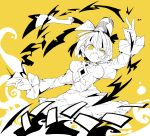  1girl cross-laced_clothes dress ghost_tail hair_between_eyes hat highres juliet_sleeves long_sleeves massakasama ofuda open_mouth puffy_sleeves short_hair simple_background soga_no_tojiko solo tate_eboshi teeth touhou upper_teeth yellow_background yellow_eyes 