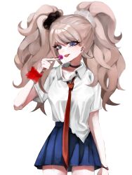  1girl alternate_costume blonde_hair blue_eyes bow breasts candy commentary_request cowboy_shot danganronpa:_trigger_happy_havoc danganronpa_(series) enoshima_junko food hair_ornament highres large_breasts long_hair miniskirt necktie red_necktie rutang shirt skirt smile solo twintails 
