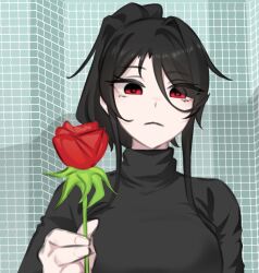  1girl :< bandit-chan_(k0ng) black_hair black_shirt closed_mouth commentary flower frown grid_background hair_between_eyes high_ponytail highres holding holding_flower k0ng long_hair_between_eyes long_sleeves looking_at_viewer medium_hair original ponytail red_eyes red_flower red_rose rose shirt sidelocks solo turtleneck turtleneck_shirt untranslatable_commentary valentine 