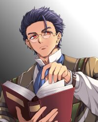  1boy absurdres black_hair book closed_mouth coat collared_shirt commentary eiyuu_densetsu english_commentary georg_weissmann highres holding holding_book male_focus reading red_eyes round_eyewear serious shirt simple_background sora_no_kiseki spiky_hair yuzukiyo 