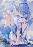  1other angel_wings arm_support artist_name blue_eyes blue_hair clouds cloudy_sky feet_up highres looking_at_viewer looking_back original ponn_mame signature sky wings 