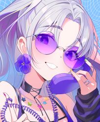  1girl absurdres antique_phone bare_shoulders black_choker blue_background choker commentary corded_phone earrings fingernails flower flower_earrings food-themed_earrings green_nails grey_hair grin highres holding holding_phone ine_(vtuber) jewelry korean_commentary long_hair long_sleeves looking_at_viewer lovett35 multicolored_nails multiple_rings nail_polish necklace parted_bangs phone pink-tinted_eyewear pink_nails ponytail portrait purple-tinted_eyewear purple_nails ring rotary_phone round_eyewear smile solo star_(symbol) sunglasses talking_on_phone tinted_eyewear upper_body violet_eyes virtual_youtuber waktaverse yellow_nails 