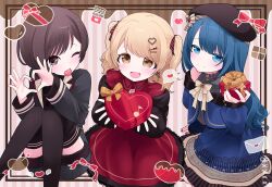  azusawa_kohane blue_eyes blue_hair bow brown_eyes brown_hair diagonal-striped_bow fraiisiemimi highres kiritani_haruka multiple_girls official_alternate_hair_length official_alternate_hairstyle project_sekai shinonome_ena striped_bow valentine 