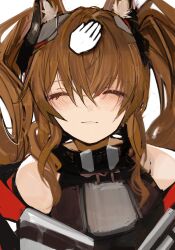  1girl angelina_(arknights) animal_ear_fluff animal_ears arknights arknights:_endfield blush brown_hair close-up closed_eyes coat commentary_request cursor disembodied_hand dot_nose dress fox_ears fox_girl gilberta_(arknights) grey_dress hair_between_eyes headpat headpiece high_collar highres long_hair off_shoulder open_clothes open_coat red_coat simple_background tarbo_(exxxpiation) twintails upper_body white_background 