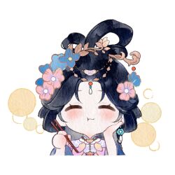  1girl ^_^ artist_request bead_necklace beads black_hair blue_flower blue_hanfu bubble chewing chibi chinese_clothes chopsticks circlet closed_eyes closed_mouth collar cropped_torso earrings eating eyelashes flower flower_earrings hair_flower hair_ornament hair_rings half_updo hand_on_own_cheek hand_on_own_face hanfu happy holding holding_chopsticks infinity_nikki jewelry light_blush long_hair long_sleeves necklace nikki_(series) official_art painterly pink_flower purple_collar smile solo sticker_(medium) straight-on straight_hair thousand_flames_(infinity_nikki) transparent_background wavy_mouth yunjian 