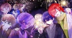  6+boys :d :o ;p amano_mashiro blue_hair brown_hair character_request chinese_new_year commentary_request everyone eyepatch fireworks glasses griffin_stewart highres holding holding_fireworks hyoutenka_30-do_no_zetsubou kobayashi_luca kuchinashi_dabi mole mole_under_eye multiple_boys necktie night one_eye_closed one_eye_covered opaque_glasses oshi_no_tachiba_ga_irekawaru oshi_no_taisetsuna_hito_ni_narikawaru outdoors red_hair satou_(mitsudomoe_koubou) scarf sharp_teeth smile sparkler sweater teeth tongue tongue_out tonimura_yui turtleneck v v_over_eye xx_(mitsudomoe_koubou) yellow_scarf yeyuan_toto 