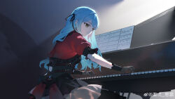 1girl absurdres bang_dream! bang_dream!_it's_mygo!!!!! black_corset black_gloves black_ribbon black_skirt blue_hair chinese_commentary commentary_request corset from_side gloves grey_background hair_ribbon highres instrument long_hair music oblivionis_(bang_dream!) piano playing_instrument playing_piano rakuichi red_shirt ribbon sheet_music shirt sidelighting sidelocks sitting skirt solo togawa_sakiko watermark weibo_watermark yellow_eyes 