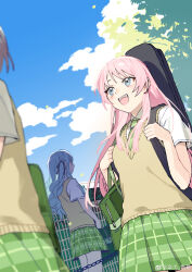  3girls :d absurdres bang_dream! bang_dream!_it's_mygo!!!!! blue_hair chihaya_anon chinese_commentary clouds collared_shirt commentary_request cowboy_shot day fence green_skirt grey_eyes guitar_case hair_ribbon hands_up haneoka_school_uniform highres holding_strap instrument_case long_hair looking_at_another multiple_girls necktie open_mouth out_of_frame outdoors pink_hair plaid_clothes plaid_skirt pleated_skirt rakuichi ribbon school_uniform shirt short_sleeves skirt sky smile standing striped_clothes striped_necktie summer_uniform sweater_vest togawa_sakiko tree white_shirt 