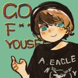  1boy animification aqua_background beanie black_hat black_shirt blonde_hair blue_eyes blush brown_hair censored_profanity chinese_commentary closed_mouth clothes_writing cocobolo64588 colored_eyelashes commentary_request deformed english_text hair_behind_ear hair_between_eyes halftone halftone_background hand_up hat highres jitome looking_at_viewer male_focus no_pupils nose_blush profanity randy_stair real_life shirt short_hair short_sleeves simple_background smile solo straight-on swept_bangs true_crime upper_body very_short_hair 