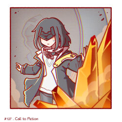  1girl 1other ambiguous_gender arknights arknights:_endfield black_coat black_hair black_mask blindfold_mask coat commentary crystal doctor_(arknights) endfield_uniform endministrator_(arknights) english_commentary female_endministrator_(arknights) grey_sweater highres hood hood_up hooded_coat hooded_jacket jacket mask open_clothes open_coat portal_(object) stargate_(series) sweatdrop sweater white_sweater wittle_red 