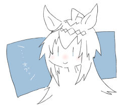  1girl ahoge animal_ears beer_hsk blue_background blush chibi closed_mouth commentary_request grey_eyes hair_between_eyes horse_ears long_hair oguri_cap_(umamusume) smile solo translation_request two-tone_background umamusume very_long_hair white_background 