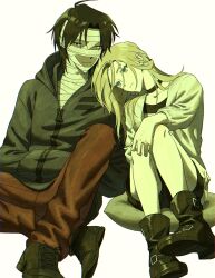  1boy 1girl ankle_boots bandaged_chest bandaged_head bandaged_neck bandages black_boots black_choker black_eyes black_hair black_jacket black_shirt black_shorts blonde_hair blue_eyes boots choker closed_mouth commentary cushion dark-skinned_male dark_skin empty_eyes expressionless full_body hand_on_own_knee hands_in_pockets head_on_another's_shoulder head_tilt heterochromia highres hood hood_down hooded_jacket indian_style isaac_foster jacket light_frown long_hair looking_afar looking_to_the_side middle_part on_cushion open_clothes open_jacket pants parted_bangs rachel_gardner red_pants rinrinririn187 satsuriku_no_tenshi shirt short_hair short_shorts shorts simple_background sitting striped_clothes striped_shirt two-tone_shirt untranslatable_commentary white_background white_jacket white_shirt yellow_eyes zipper_pull_tab 