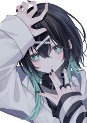  1girl absurdres aqua_eyes aqua_hair arm_up arm_warmers belt_collar black_arm_warmers black_hair black_nails black_shirt coat collar commentary cross cross-shaped_pupils double-parted_bangs earrings hair_between_eyes hair_ornament highres hood hood_down hooded_coat jewelry long_hair looking_at_viewer multicolored_hair original portrait ring shirt sidelocks simple_background single_earring solo striped_arm_warmers su_ha_ya symbol-shaped_pupils two-tone_hair untranslatable_commentary white_arm_warmers white_background wolf_cut x_hair_ornament yayo-cha_(su_ha_ya) 