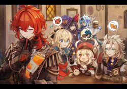  +_+ 2boys 4girls :d ahoge aiguillette albedo_(genshin_impact) alcohol antenna_hair aqua_eyes artist_name backpack bag bar_(place) black_bow black_coat black_gloves black_hair black_hairband black_shirt blonde_hair blue_cape blue_capelet blue_eyes blue_shirt blush bottle bow braid brown_bag brown_gloves cape capelet center_frills closed_mouth clothing_cutout clover_print coat collared_shirt commentary_request crossed_bangs cup diluc_(genshin_impact) dodoco_(genshin_impact) drunk earrings eula_(genshin_impact) eyelashes finger_to_mouth flying_sweatdrops frills genshin_impact gloves gold_earrings gold_trim green_eyes hair_between_eyes hair_bow hair_intakes hairband half_up_half_down_braid hand_up hands_up hat hat_feather hat_ornament high_ponytail highres holding holding_bottle holding_cup hood hood_down hooded_coat index_finger_raised indoors jean_(genshin_impact) jean_(gunnhildr's_legacy)_(genshin_impact) jewelry juice kaeya_(genshin_impact) klee_(genshin_impact) lapels leotard letterboxed light_particles long_hair long_sleeves looking_at_another looking_at_viewer low_ponytail low_twintails medium_hair mona_(genshin_impact) multicolored_gloves multiple_boys multiple_girls newsboy_cap one_eye_closed open_mouth pointy_ears pom_pom_(clothes) ponytail purple_capelet purple_hat purple_leotard red_coat red_eyes red_gloves red_hair red_hat redrawn shaded_face shirt short_sleeves shoulder_cutout shushing sidelocks sleeve_cuffs smile sparkle speech_bubble spoken_character spoken_object star_(symbol) star_earrings sunsettia_(genshin_impact) sweatdrop tankard tassel tgf_pic twintails twitter_username two-tone_gloves vest vision_(genshin_impact) white_bow white_coat white_vest window wing_collar witch_hat 