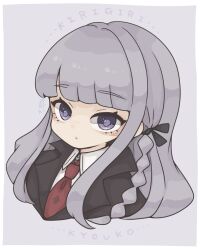  1girl black_jacket braid character_name closed_mouth collared_shirt commentary cropped_torso danganronpa_(series) grey_hair harukairo jacket kirigiri_kyoko lapels long_hair looking_at_viewer necktie red_necktie shirt side_braid solo untranslatable_commentary violet_eyes white_shirt 
