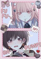 1girl 1other akiyama_mizuki blunt_bangs blush border bow brown_eyes brown_hair candy chocolate closed_mouth collared_shirt colorful_festival_(project_sekai) commentary earrings eyes_visible_through_hair food food_in_mouth hair_down hair_ornament hand_up heart heart-shaped_chocolate heart-shaped_food heart_earrings heart_hair_ornament highres jewelry long_sleeves looking_at_viewer miyotastic nail_polish nervous_sweating official_alternate_costume official_alternate_hairstyle open_mouth other_with_female outline pink_border pink_eyes pink_hair pocky pocky_in_mouth project_sekai shinonome_ena shirt short_hair smile sweat take_the_best_shot!_(project_sekai) upper_body white_outline 