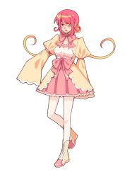  1girl absurdres blonde_hair boots bow bowtie dress full_body highres long_hair mai_(synthesizer_v) multicolored_hair open_clothes open_dress open_mouth pink_bow pink_bowtie pink_skirt red_eyes red_hair shirt simple_background skirt sleeves_past_fingers sleeves_past_wrists smile solo streaked_hair synthesizer_v white_background white_shirt yellow_boots yellow_dress zero_(misamxsa08) 