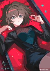  1girl absurdres aged_up bisho_imobing_hito black_dress blue_eyes brown_hair commentary_request dated dress eyelashes grey_pantyhose haibara_ai hair_between_eyes heart highres holding holding_heart long_sleeves looking_at_viewer lying meitantei_conan on_back pantyhose ribbed_shirt shirt short_hair solo 