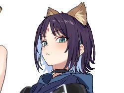  1girl animal_ears black_choker blue_hair blue_kimono cho_kaguya-hime! choker closed_mouth colored_inner_hair facial_mark forehead_mark fox_ears fox_girl frown green_eyes japanese_clothes kimono looking_at_viewer medium_hair multicolored_hair portrait purple_hair raised_eyebrow sakayori_iroha shino_12a simple_background solo white_background 