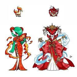  alternate_color artist_name bob_cut bun_cover china_dress chinese_clothes clothed_pokemon dress earrings gardevoir green_hair gyarados hair_ornament hand_fan highres jewelry magikarp mamobot poke_ball poke_ball_(basic) pokemon pokemon_(creature) ponyta rapidash red_dress red_hair shiny_pokemon side_slit signature simple_background white_background wide_sleeves 