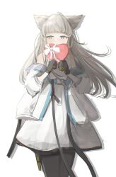  animal_ears aqua_belt arknights arknights:_endfield bare_shoulders belt black_gloves black_pantyhose blue_eyes blush box commentary covering_own_mouth cowboy_shot dot_nose dress embarrassed gloves hands_up heart-shaped_box highres jacket long_hair long_sleeves looking_to_the_side multicolored_gloves off_shoulder open_clothes open_jacket pantyhose perlica_(arknights) simple_background sleeveless sleeveless_dress twitter_username two-tone_gloves valentine vincentime white_background white_dress white_hair white_jacket yellow_gloves 