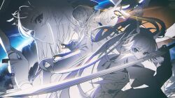  3girls absurdres arknights arknights:_endfield blindfold_mask breasts chen_qianyu_(arknights) chromatic_aberration closed_mouth coat dragon_girl dragon_horns endministrator_(arknights) female_endministrator_(arknights) gloves highres holding holding_sword holding_wand holding_weapon horns layered_sleeves long_hair long_sleeves mask medium_breasts medium_hair multiple_girls open_clothes open_coat originium_arts_(arknights) partially_colored perlica_(arknights) pleated_skirt short_over_long_sleeves short_sleeves skirt sword twintails wand weapon zhiyan_li 